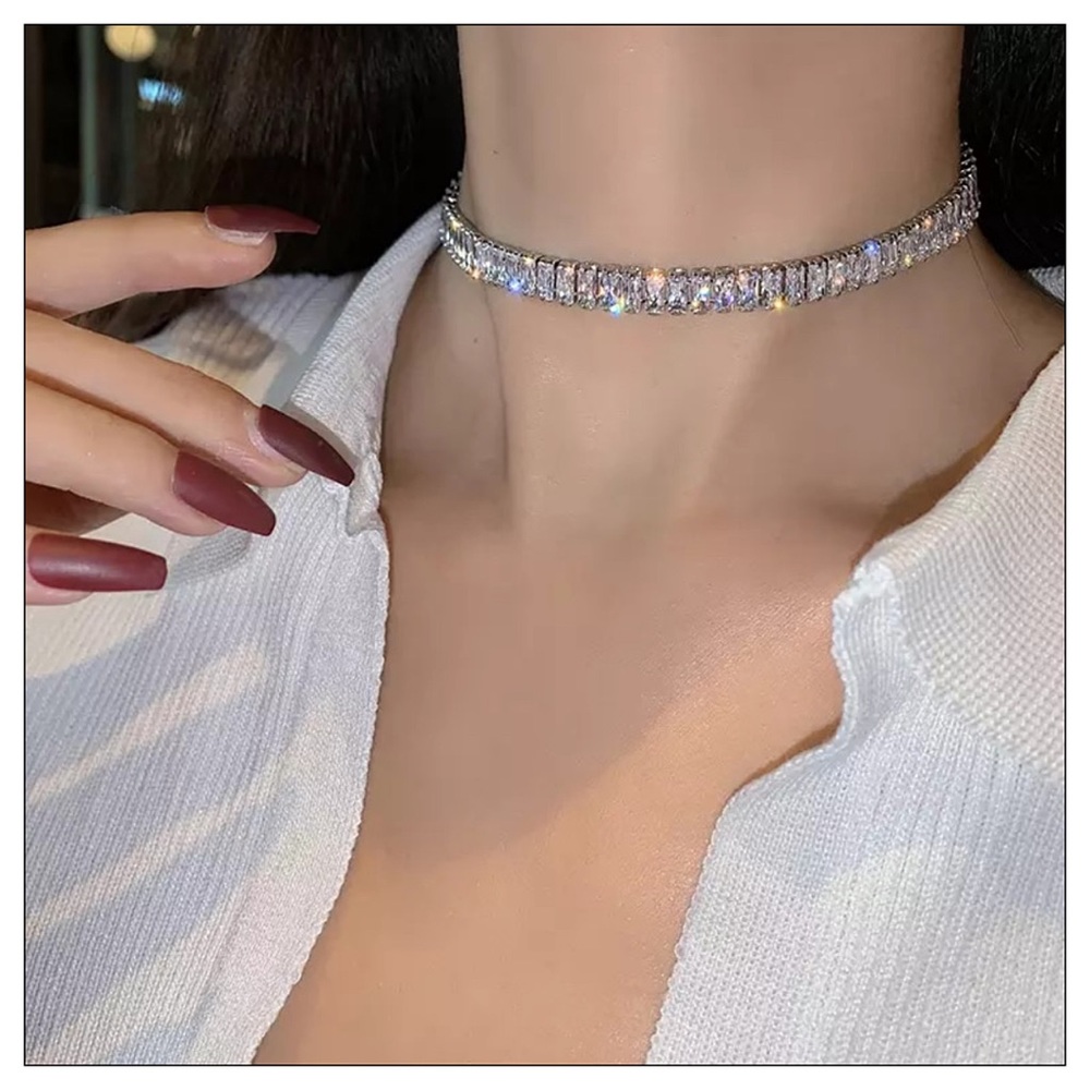 NEW Silver Inlaid Zircon Shimmering Sparkle Shiny Choker Necklace - Picture 2 of 7